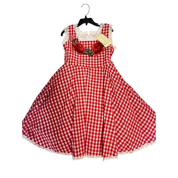 Trish Scully Red Gingham Roses Embroidered Dress 8 NWT small spot